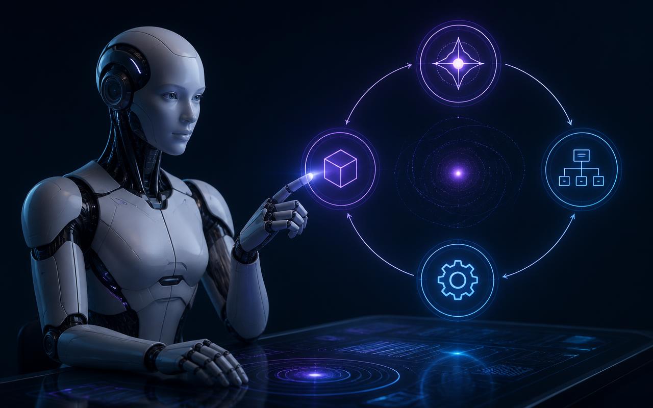 Concept render of an AI agent reasoning through a goal, planning, calling tools and taking a business action.