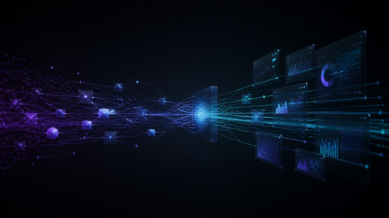 Abstract render of business inputs flowing through an AI system into applications, automation and measurable dashboard outcomes.