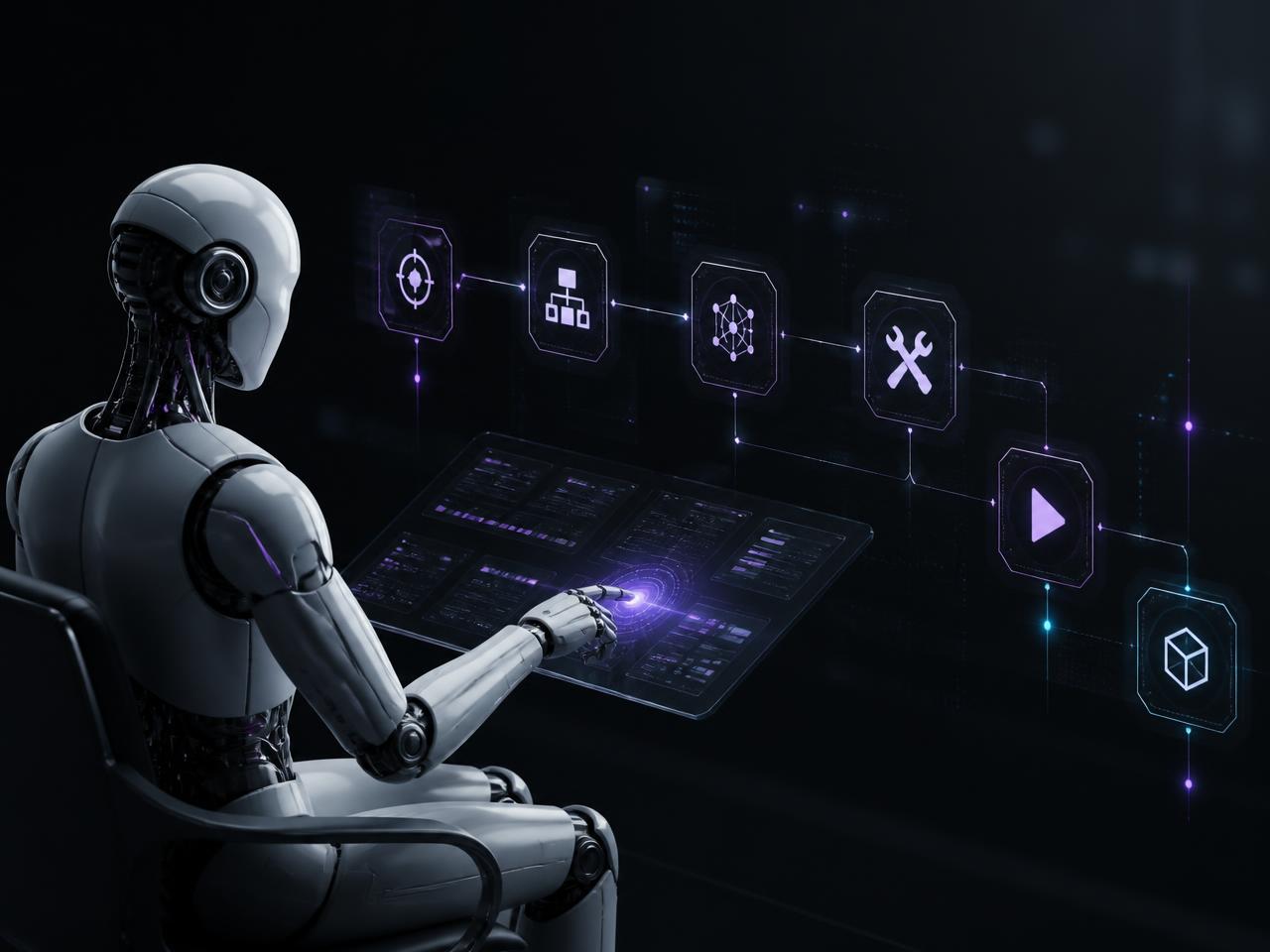 Concept render of an AI agent pursuing a goal, reasoning, using connected tools and returning a result.