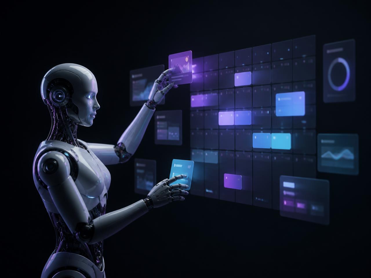 Concept render of an AI agent planning and organising business content across a grid of scheduled panels.