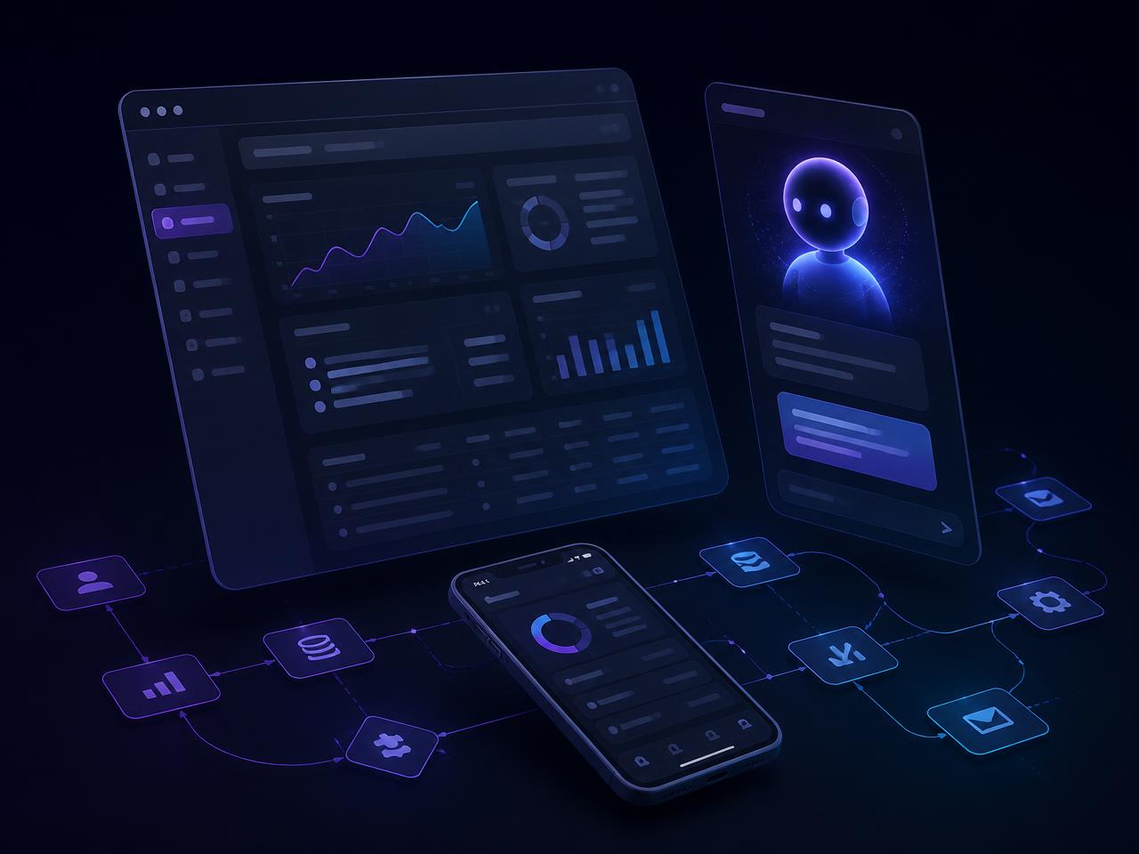 Concept render of a web application with an AI assistant panel connected to the business workflow behind it.