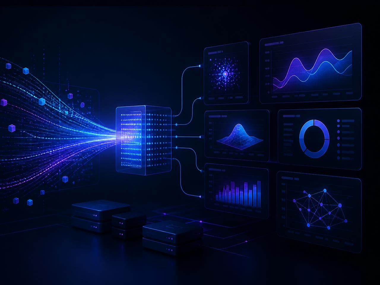 Concept render of data streams processed into analysis, model output and dashboard panels.