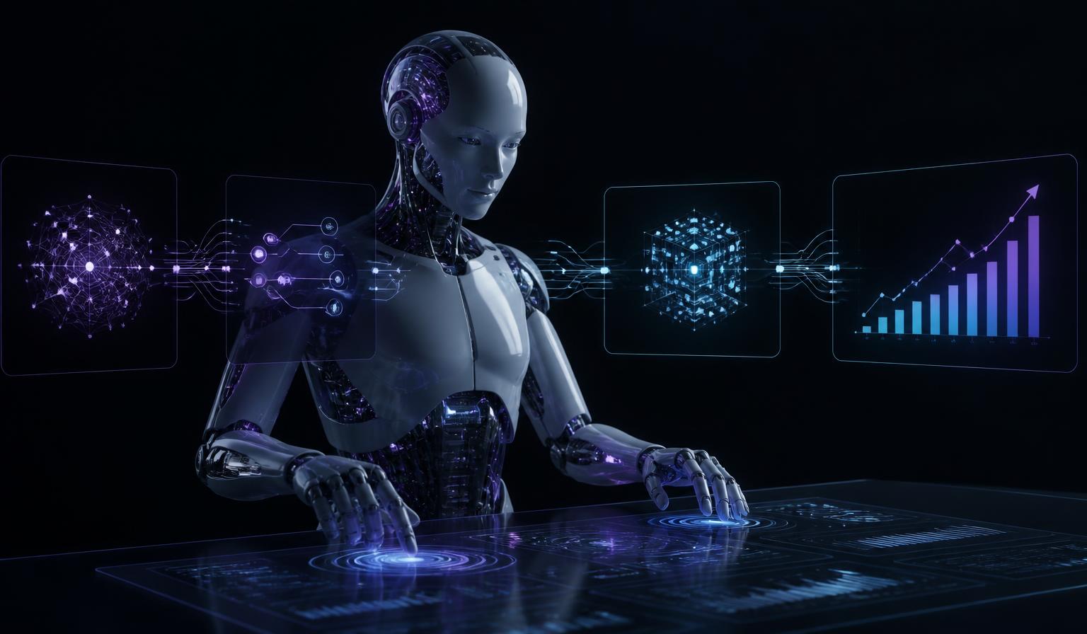 Concept render of an AI system working across business data panels, moving a business problem through strategy and an intelligent system to a measurable outcome.