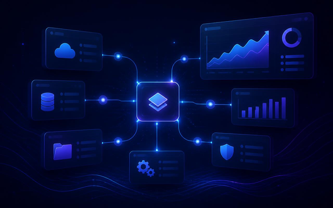 Concept render of connected business systems automated and integrated, with performance trending upward.