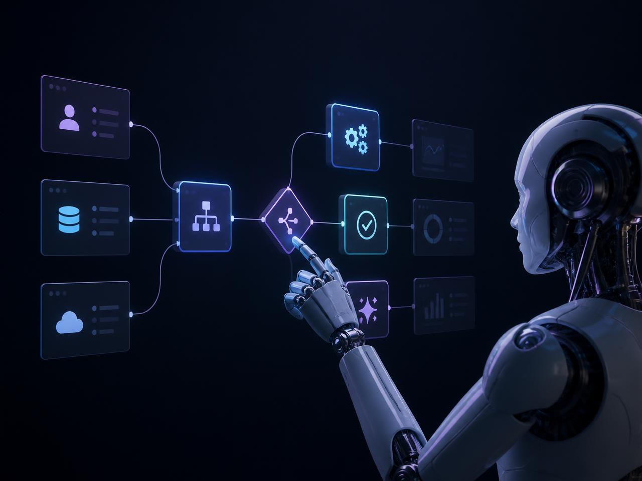 Concept render of an AI system moving work from trigger through decision and automation into connected business systems.