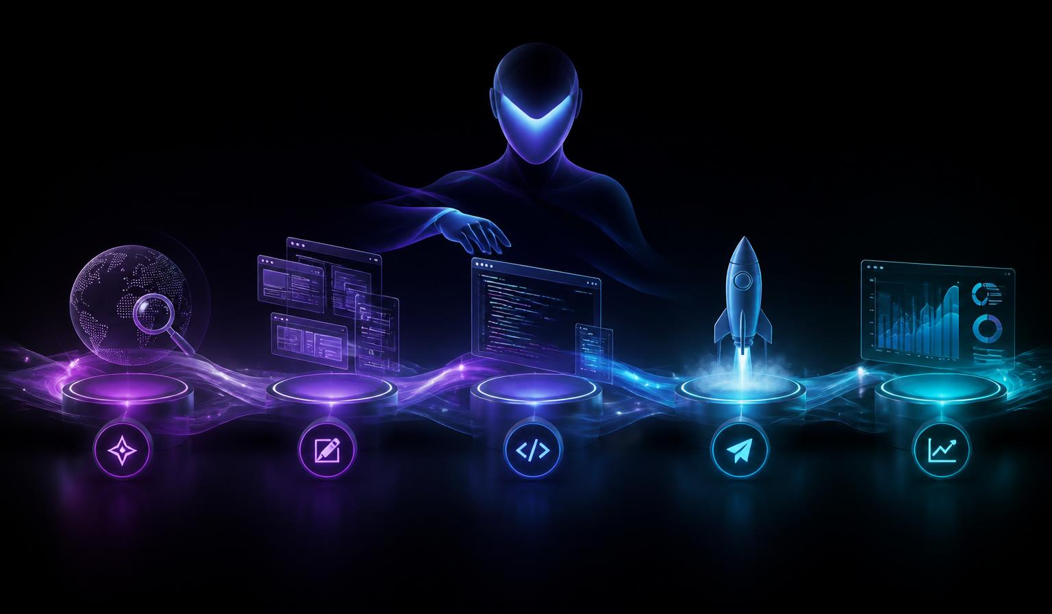 Concept render of an AI-enabled delivery lifecycle moving from discovery and design through build and launch to measured improvement.